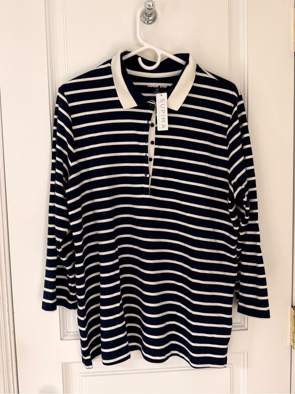 Lands' End Navy & White Striped Long-Sleeve Polo